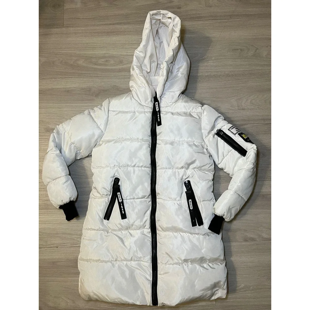 YYACHU Long Puffer Coat Womens M White Hooded Quilted Zip Front Winter Jacket